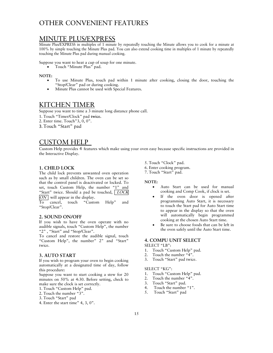 Other convenient features minute plus/express, Kitchen timer, Custom help | Sunbeam SNM1501RAX User Manual | Page 15 / 18