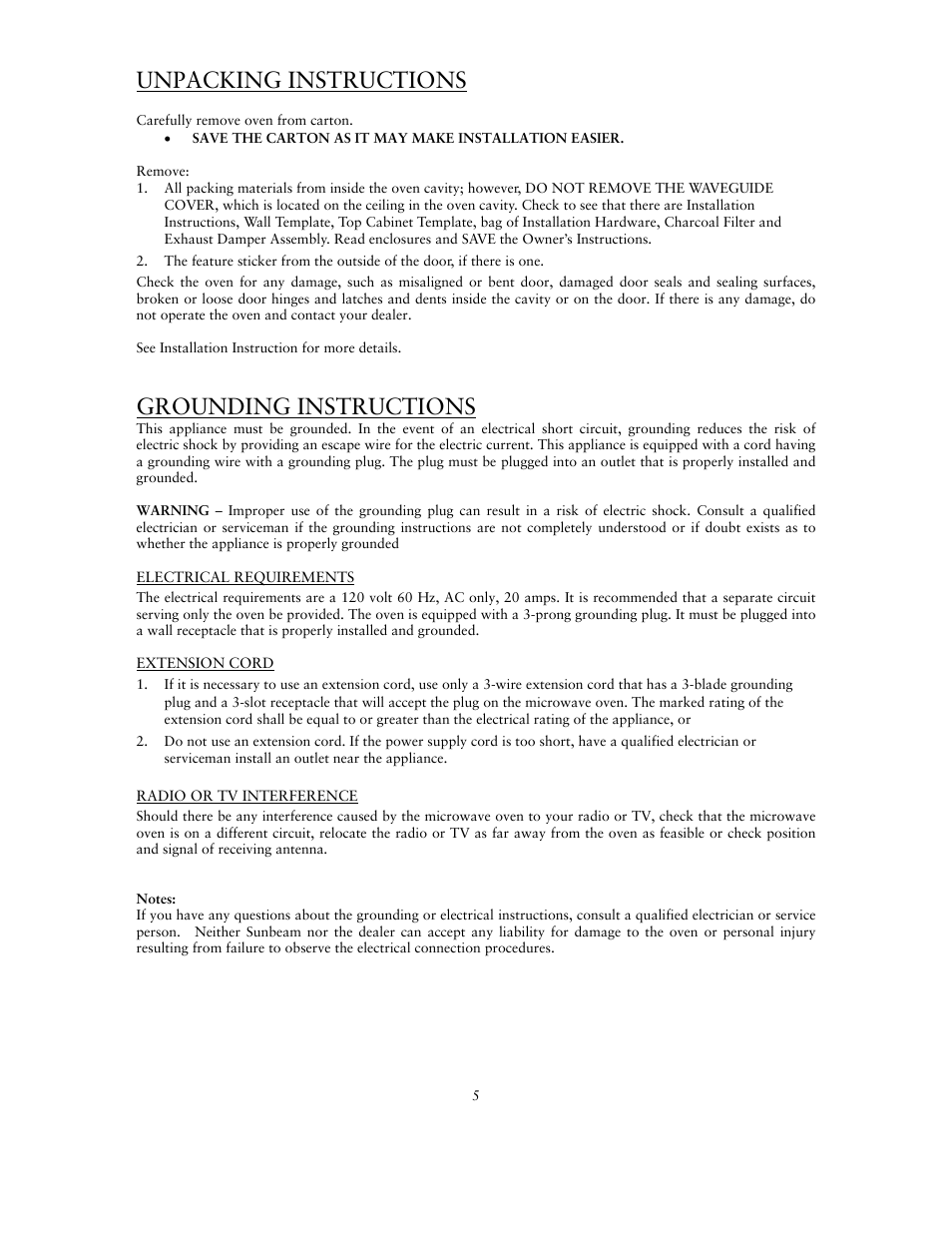 Unpacking instructions, Grounding instructions | Sunbeam SNM1501RAX User Manual | Page 5 / 18
