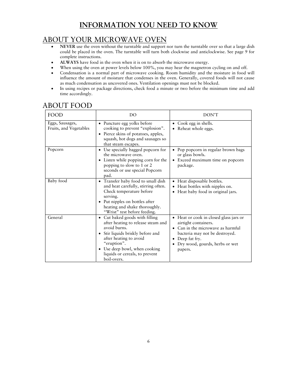 Information you need to know, About your microwave oven, About food | Sunbeam SNM1501RAX User Manual | Page 6 / 18