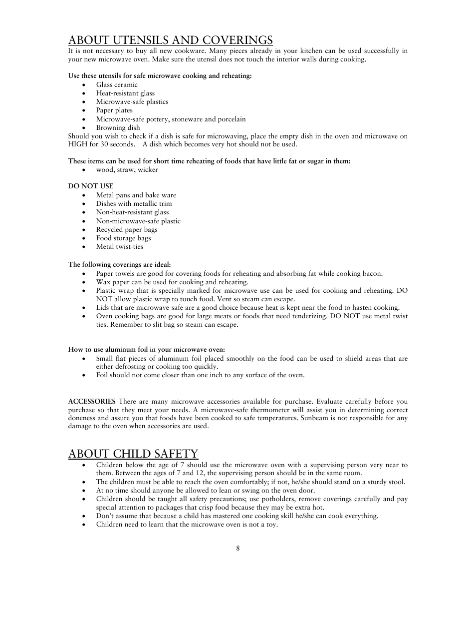About utensils and coverings, About child safety | Sunbeam SNM1501RAX User Manual | Page 8 / 18