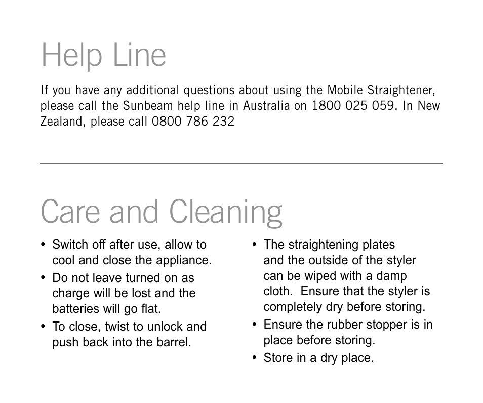 Care and cleaning help line | Sunbeam HS6700 User Manual | Page 10 / 12