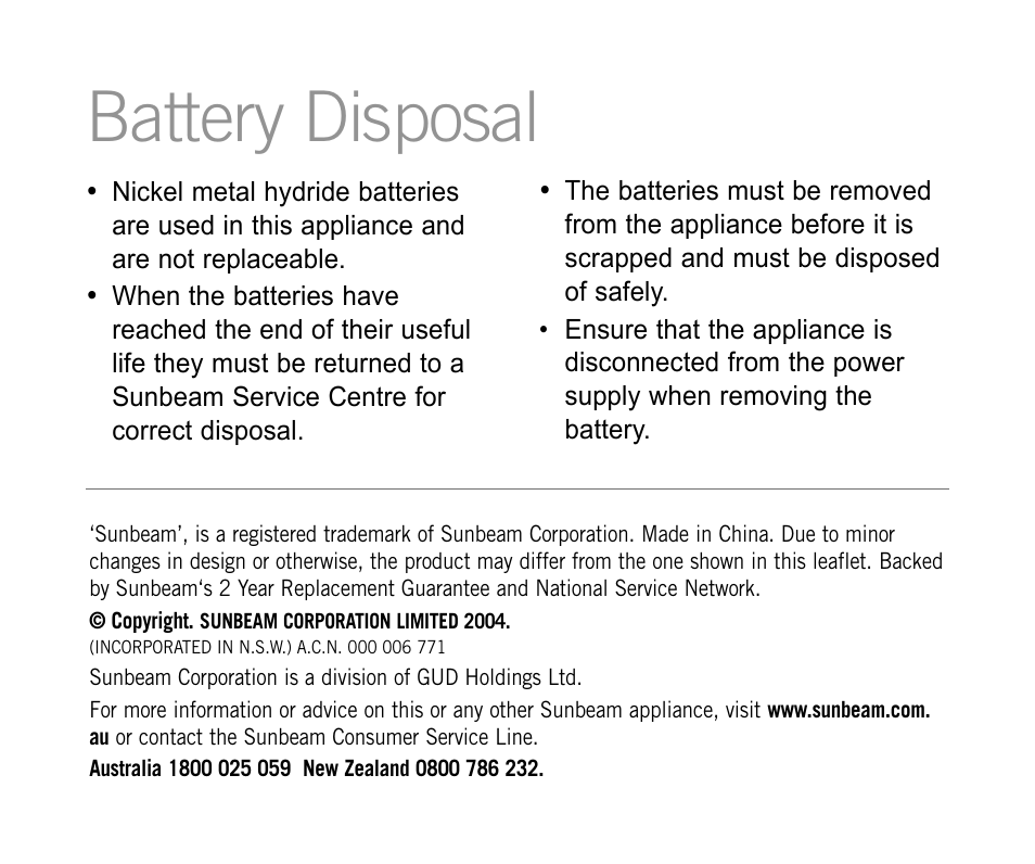 Battery disposal | Sunbeam HS6700 User Manual | Page 11 / 12