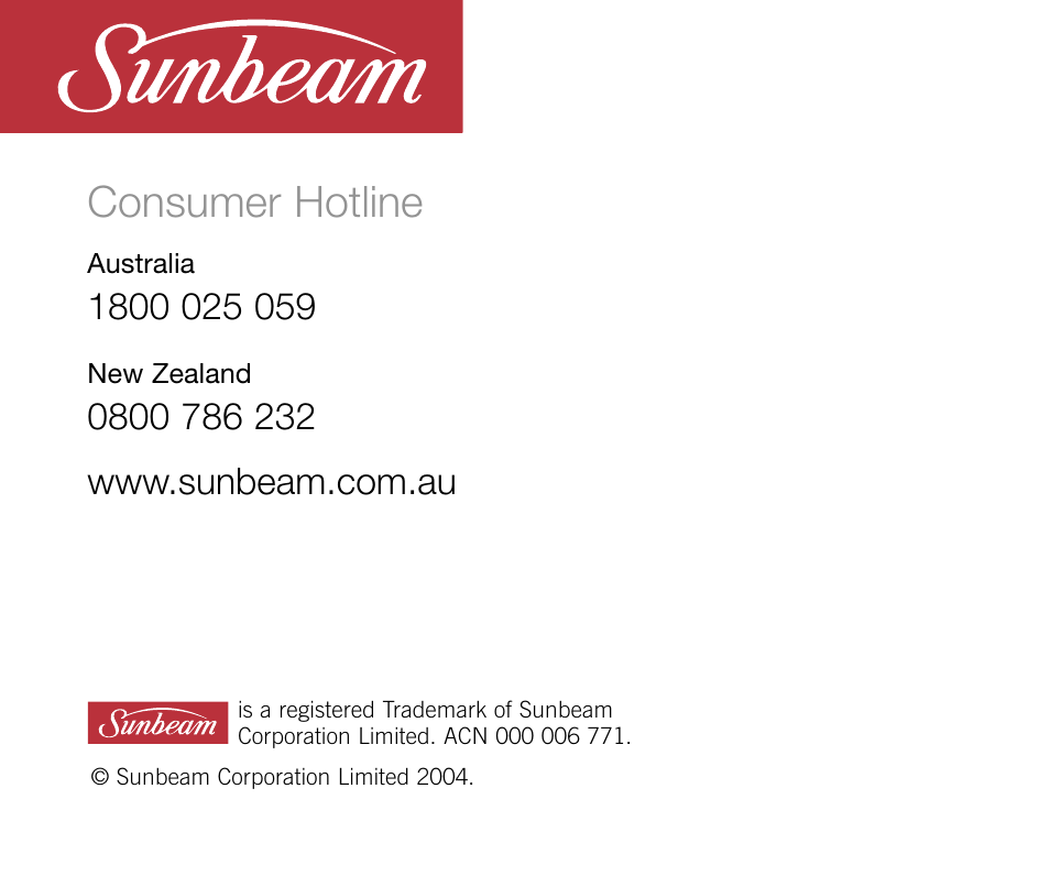 Consumer hotline | Sunbeam HS6700 User Manual | Page 12 / 12