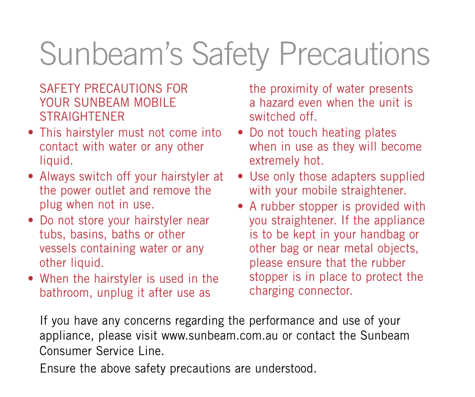 Sunbeam’s safety precautions | Sunbeam HS6700 User Manual | Page 3 / 12