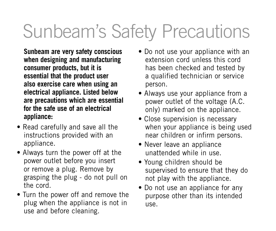 Sunbeam’s safety precautions | Sunbeam HS6700 User Manual | Page 4 / 12