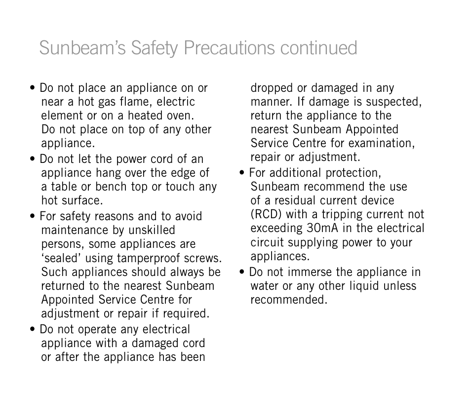 Heading, Sunbeam’s safety precautions, Sunbeam’s safety precautions continued | Sunbeam HS6700 User Manual | Page 5 / 12