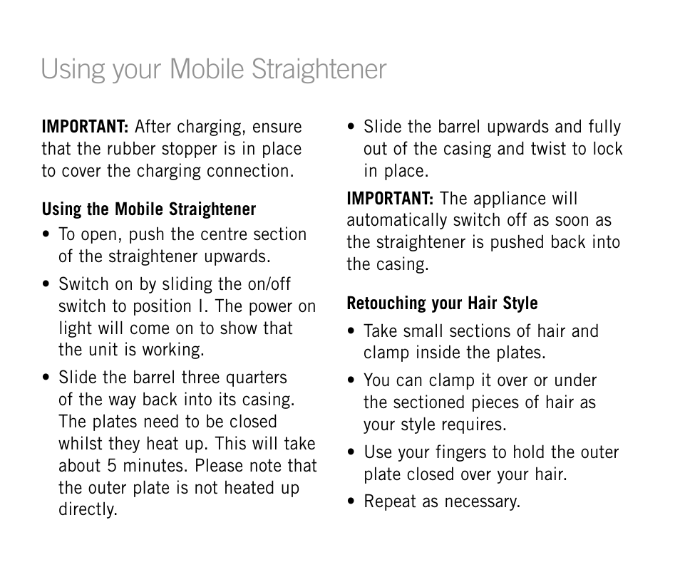 Using your mobile straightener | Sunbeam HS6700 User Manual | Page 9 / 12