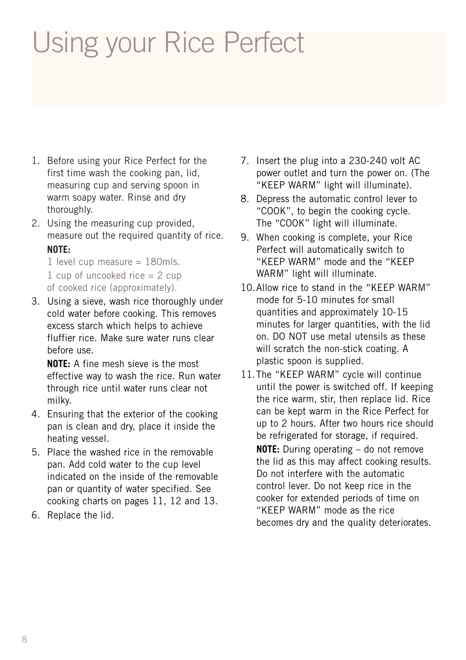 Using your rice perfect | Sunbeam RC4700 User Manual | Page 10 / 28