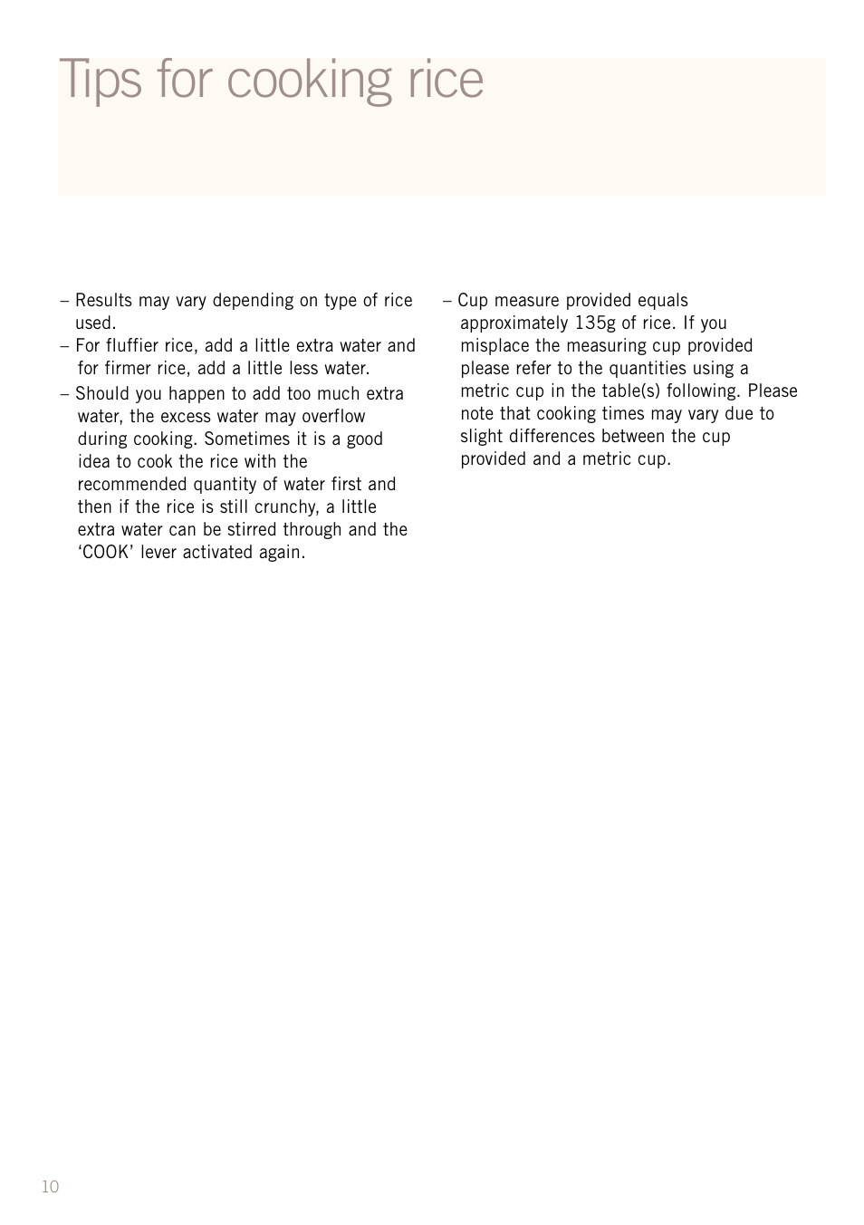 Tips for cooking rice | Sunbeam RC4700 User Manual | Page 12 / 28