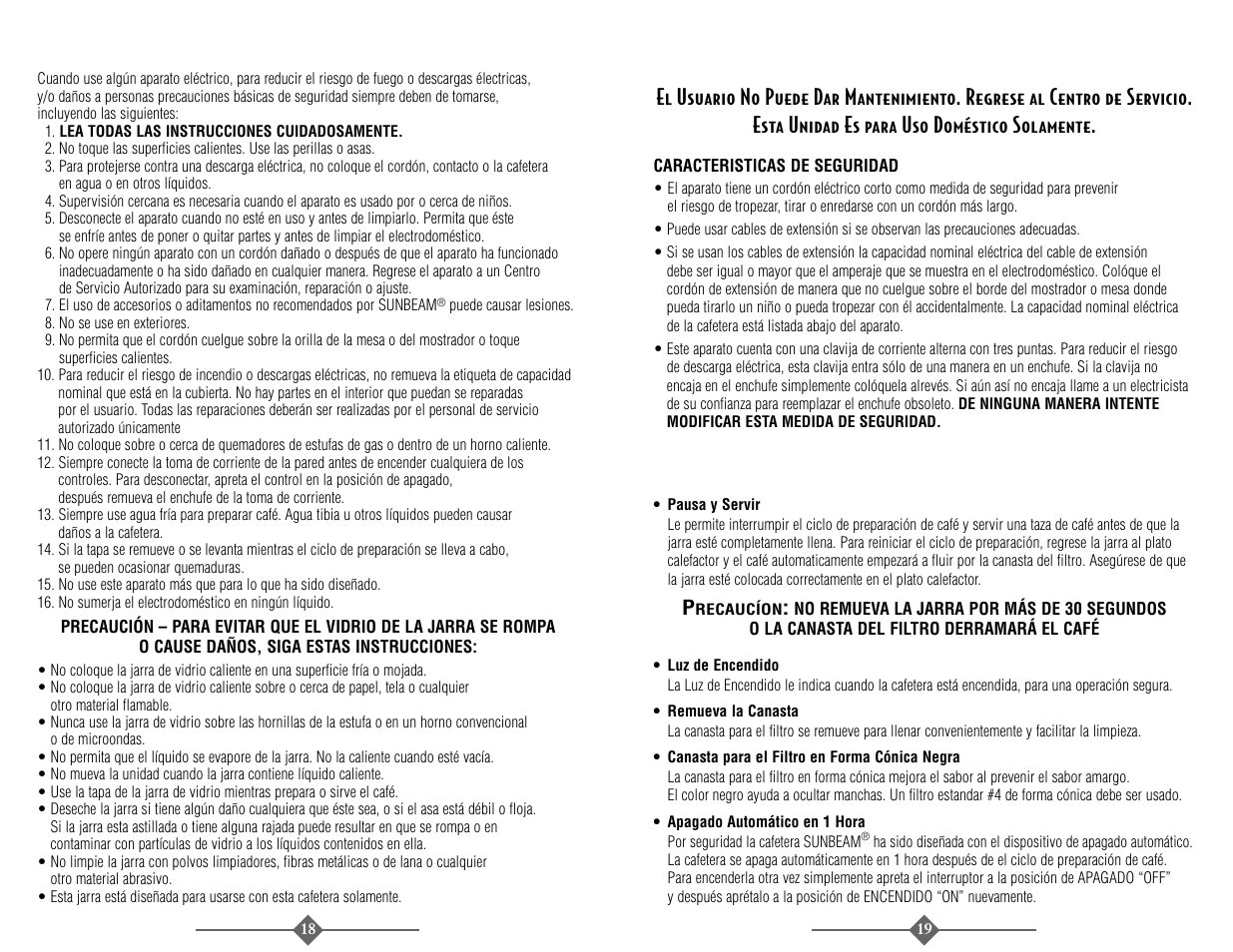 Onserver, Stas, Nstrucciones | Aracterísticas de, Afetera, Unbeam, Recauciones, Mportantes | Sunbeam 3278 User Manual | Page 10 / 16