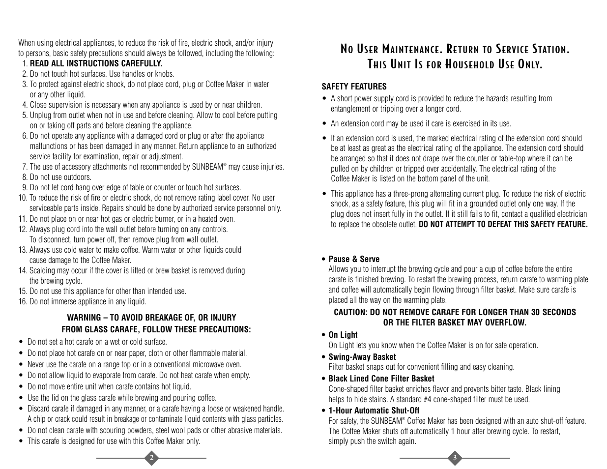 Mportant, Afeguards, Hese | Nstructions, Eatures of, Unbeam, Offee, Aker | Sunbeam 3278 User Manual | Page 2 / 16