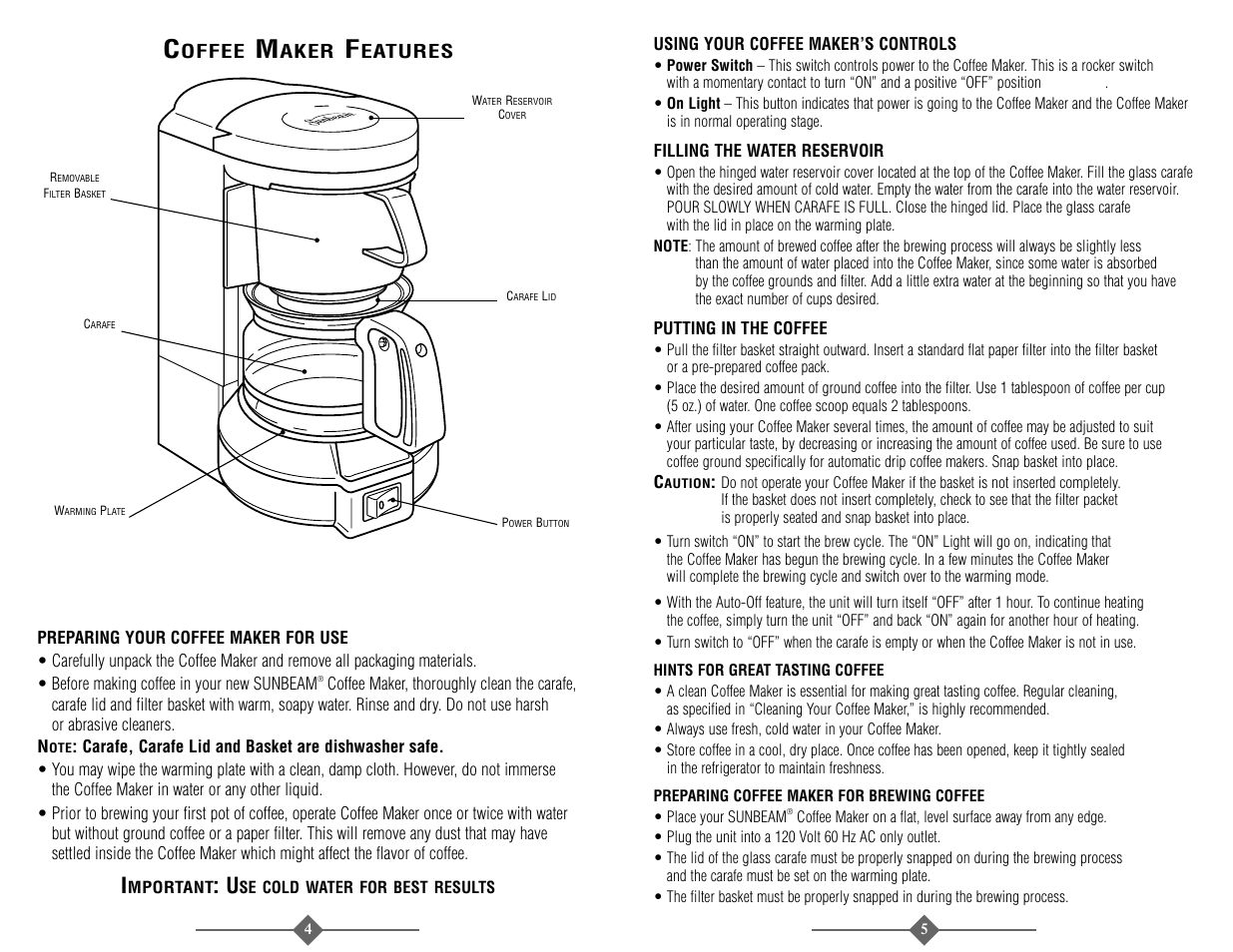 Unbeam, Offee, Aker | Sunbeam 3278 User Manual | Page 3 / 16
