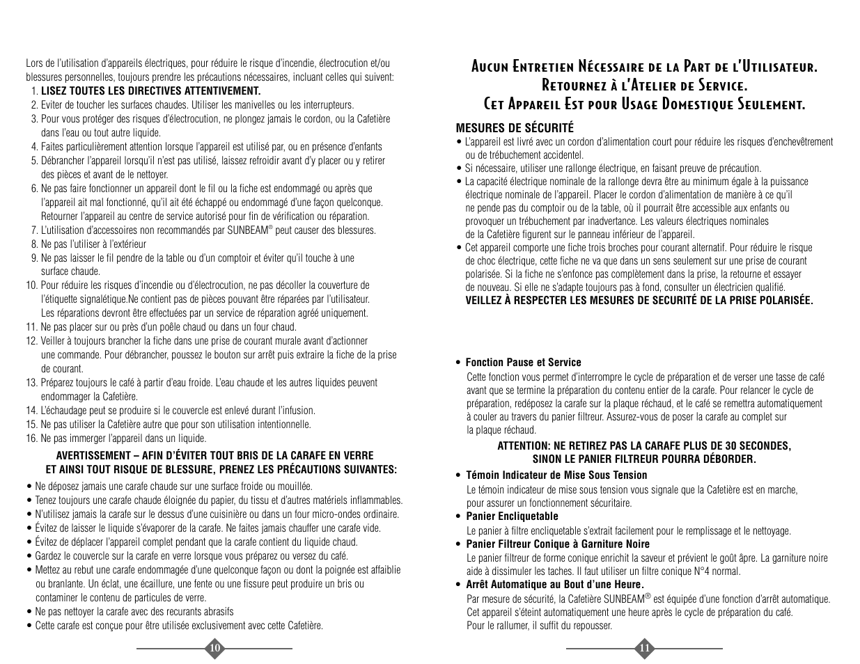 Onservez, Nstructions, Récautions | Mportantes, Aractéristiques de, Otre, Afetière, Unbeam | Sunbeam 3278 User Manual | Page 6 / 16