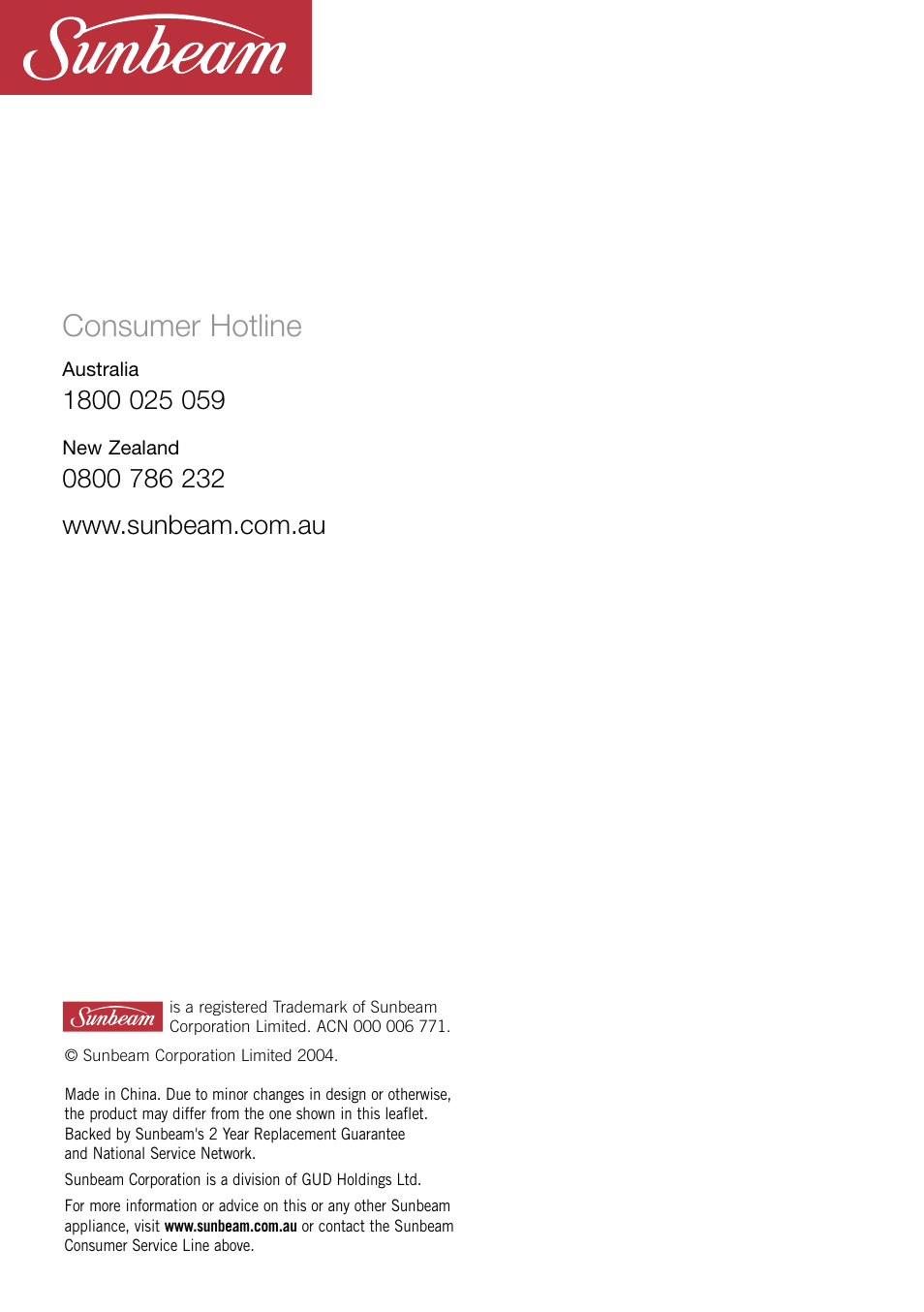 Consumer hotline | Sunbeam SC7500 User Manual | Page 16 / 16