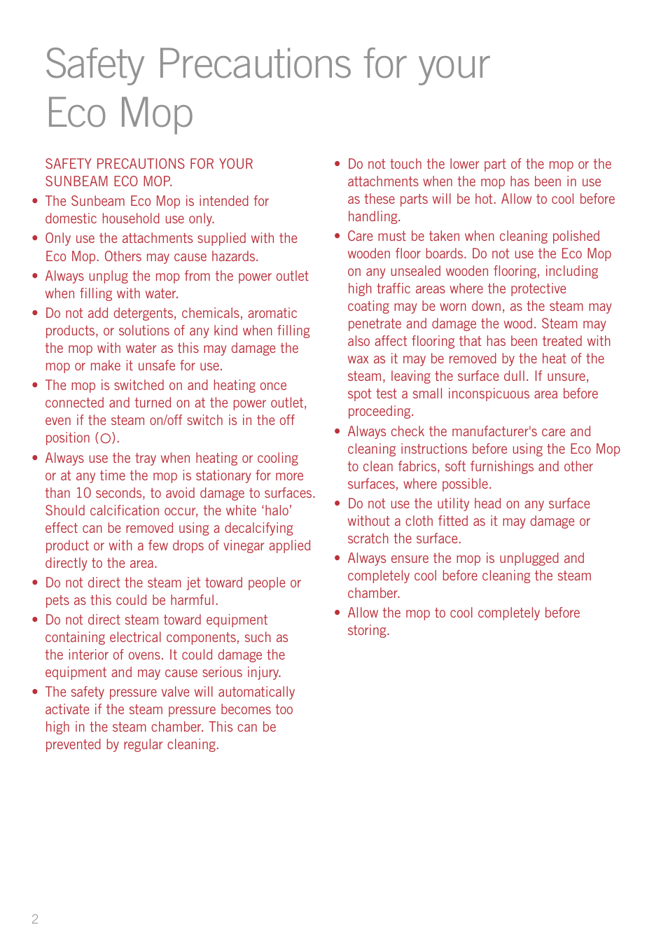 Safety precautions for your eco mop | Sunbeam SC7500 User Manual | Page 4 / 16