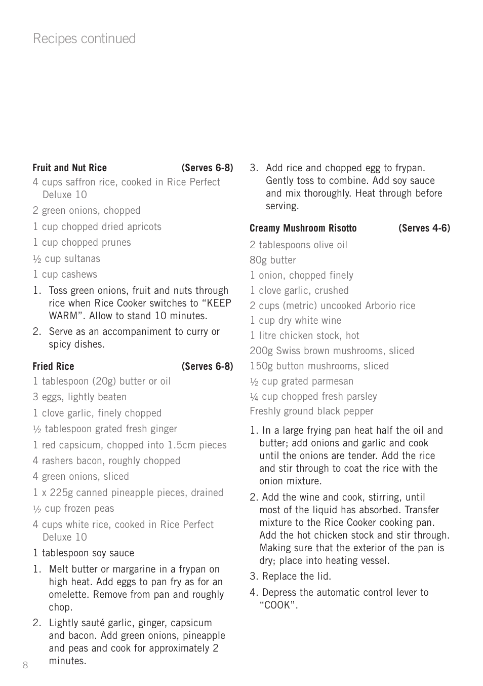 Recipes continued | Sunbeam RC5810 User Manual | Page 10 / 20