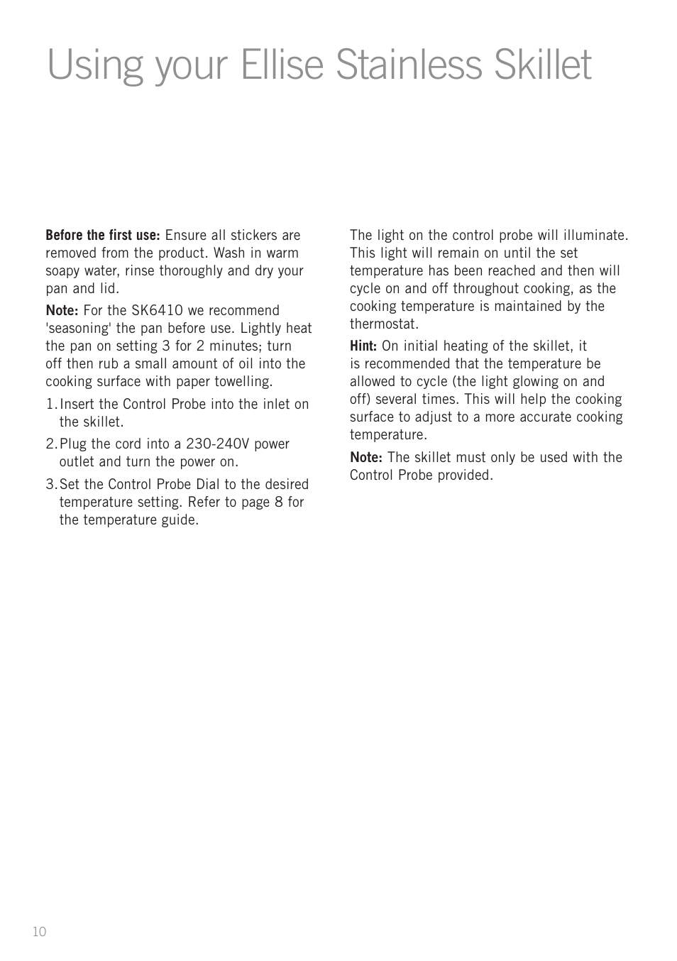 Using your ellise stainless skillet | Sunbeam SK6410 User Manual | Page 10 / 28