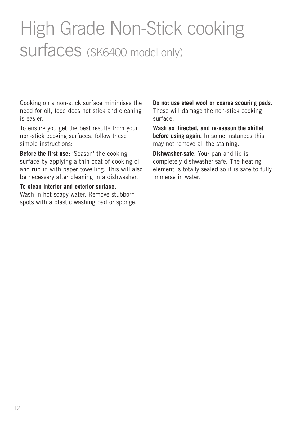 High grade non-stick cooking surfaces, Sk6400 model only) | Sunbeam SK6410 User Manual | Page 12 / 28