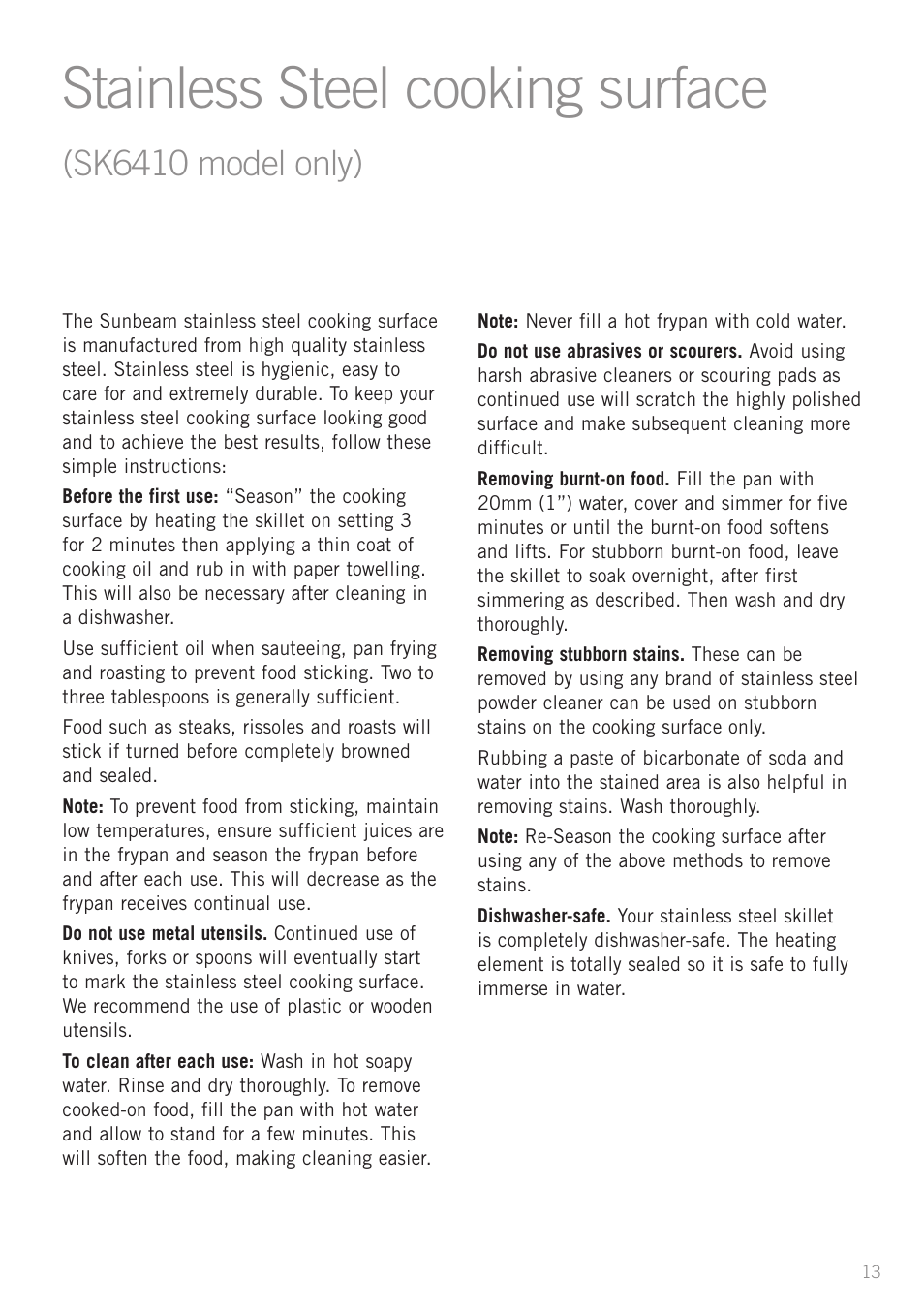 Stainless steel cooking surface, Sk6410 model only) | Sunbeam SK6410 User Manual | Page 13 / 28