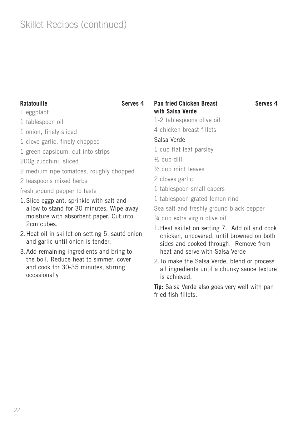 Heading, Skillet recipes (continued) | Sunbeam SK6410 User Manual | Page 22 / 28