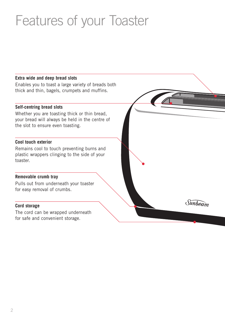 Features of your toaster | Sunbeam TA3420 User Manual | Page 4 / 10