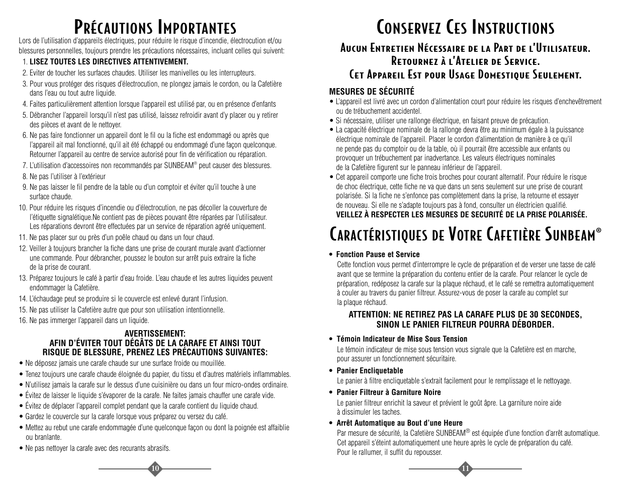 Onservez, Nstructions, Récautions | Mportantes, Aractéristiques de, Otre, Afetière, Unbeam | Sunbeam 3289 User Manual | Page 11 / 32