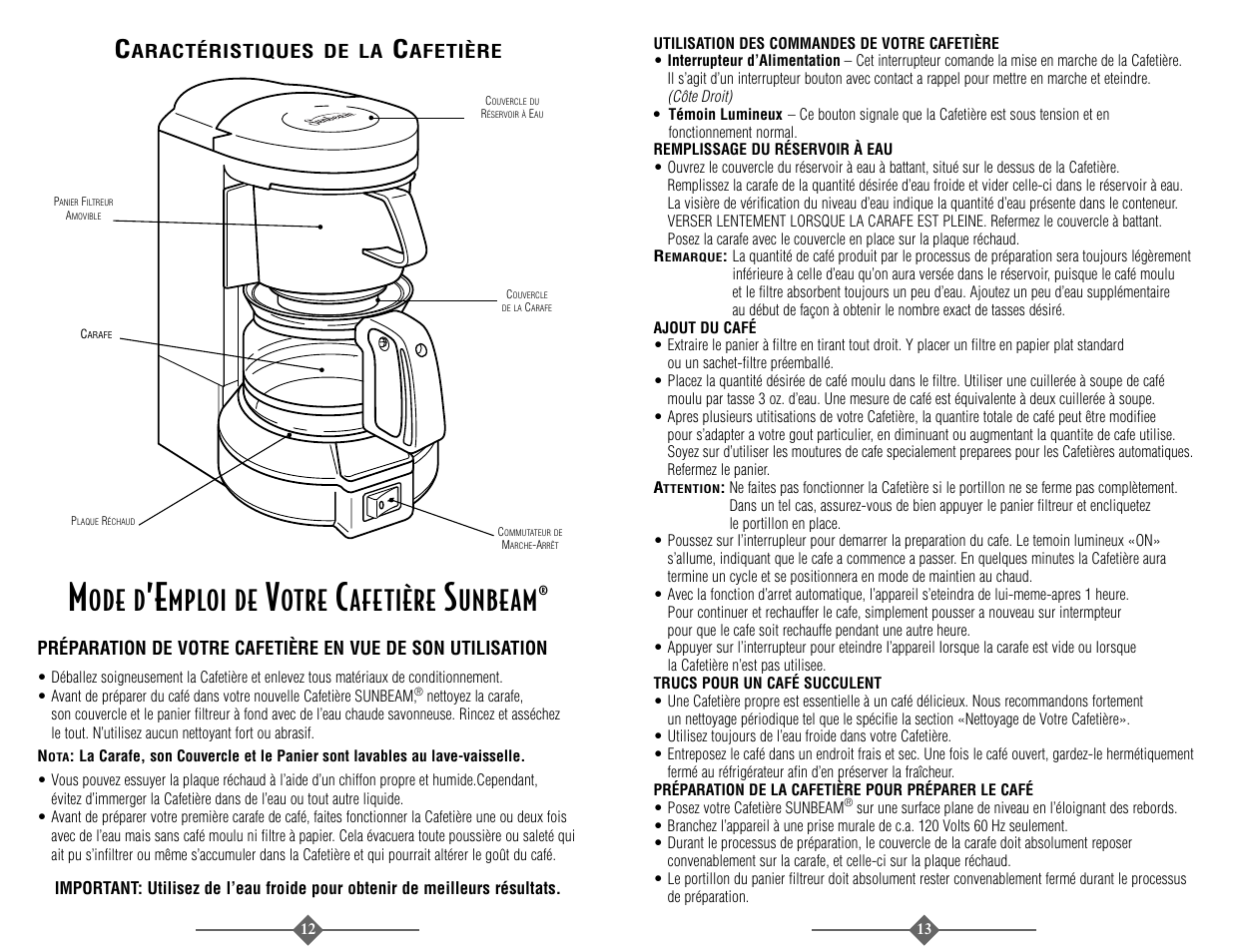 Ode d, Mploi de, Otre | Afetière, Unbeam | Sunbeam 3289 User Manual | Page 12 / 32