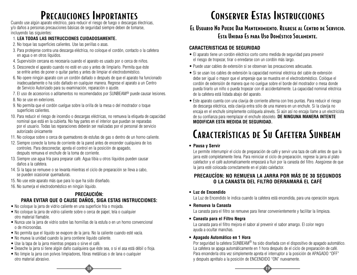 Onserver, Stas, Nstrucciones | Aracterísticas de, Afetera, Unbeam, Recauciones, Mportantes | Sunbeam 3289 User Manual | Page 18 / 32