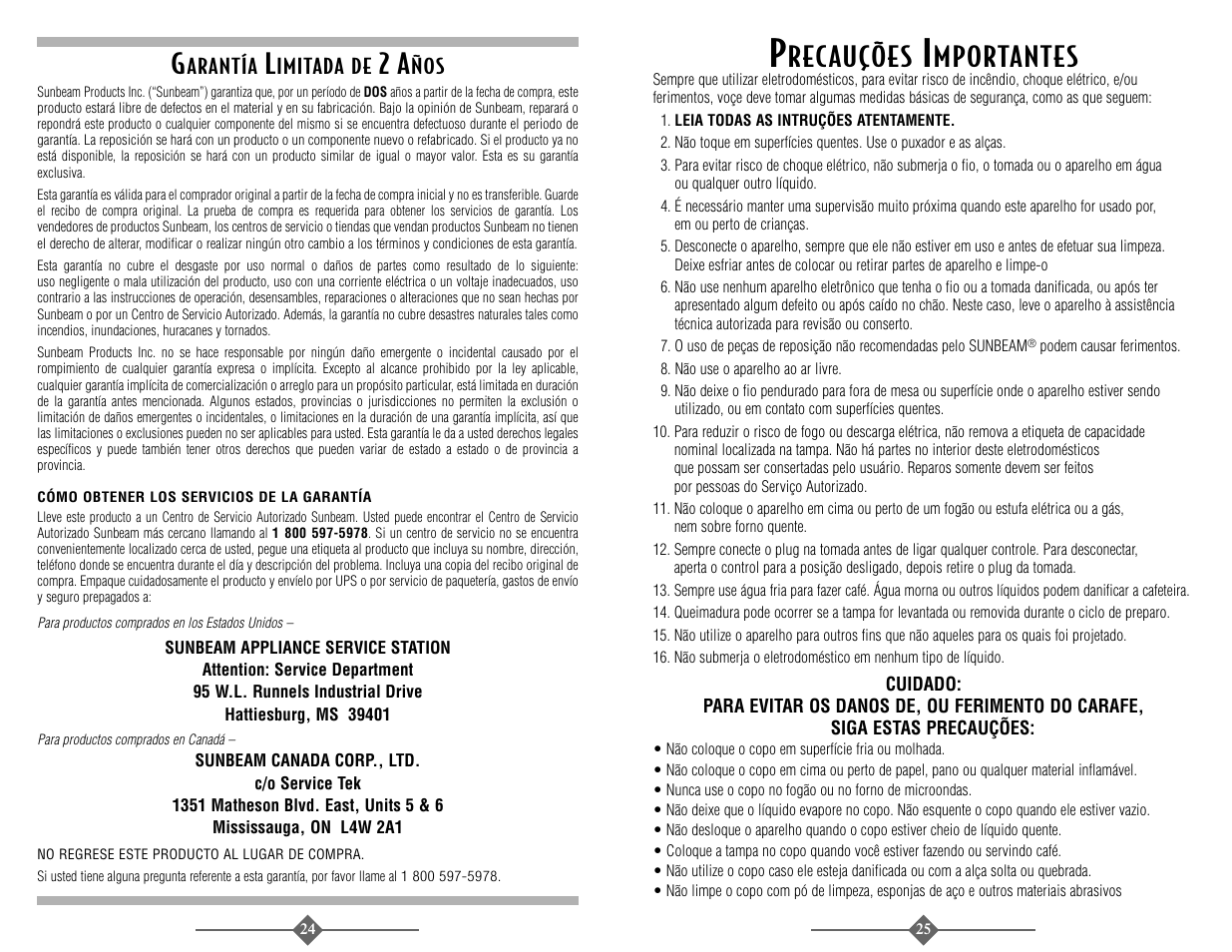 Recauções, Mportantes | Sunbeam 3289 User Manual | Page 25 / 32