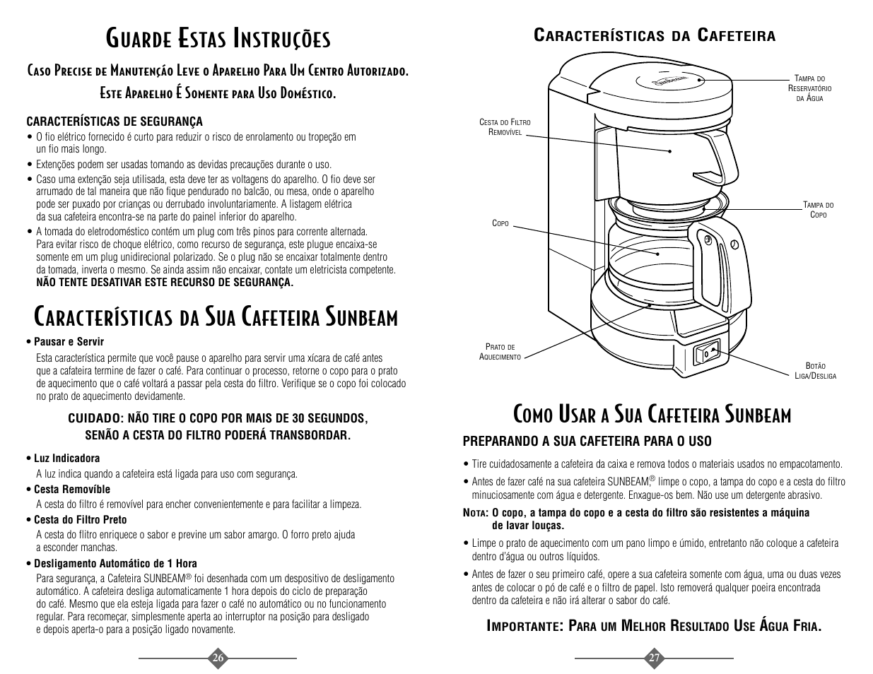 Uarde, Stas, Nstruções | Aracterísticas da, Sar a, Afeteira, Unbeam | Sunbeam 3289 User Manual | Page 27 / 32