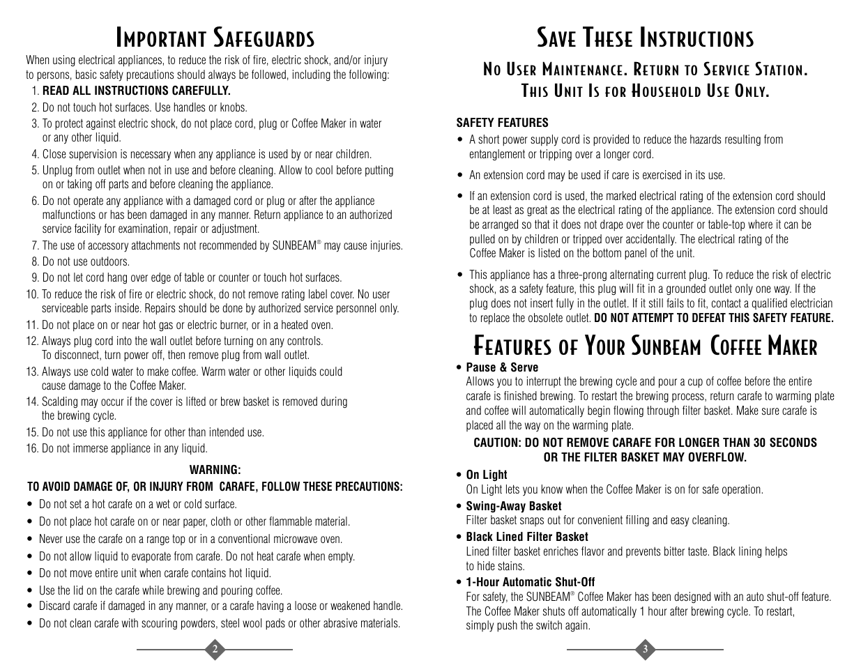 Mportant, Afeguards, Hese | Nstructions, Eatures of, Unbeam, Offee, Aker | Sunbeam 3289 User Manual | Page 3 / 32
