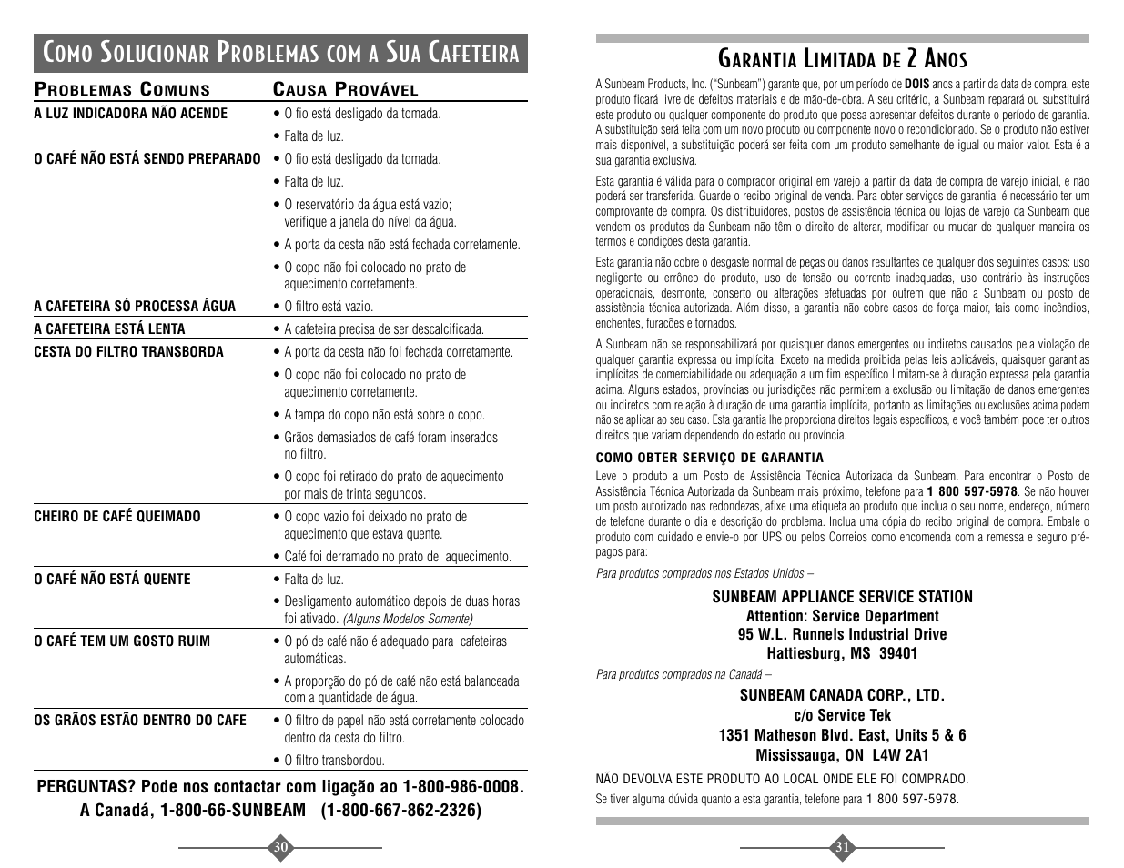 Olucionar, Roblemas com a, Afeteira | Sunbeam 3289 User Manual | Page 31 / 32