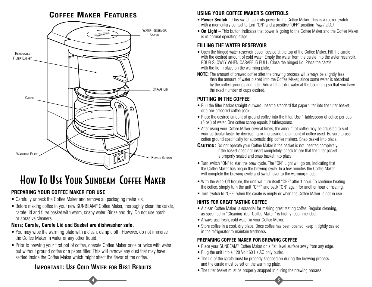 Unbeam, Offee, Aker | Sunbeam 3289 User Manual | Page 5 / 32