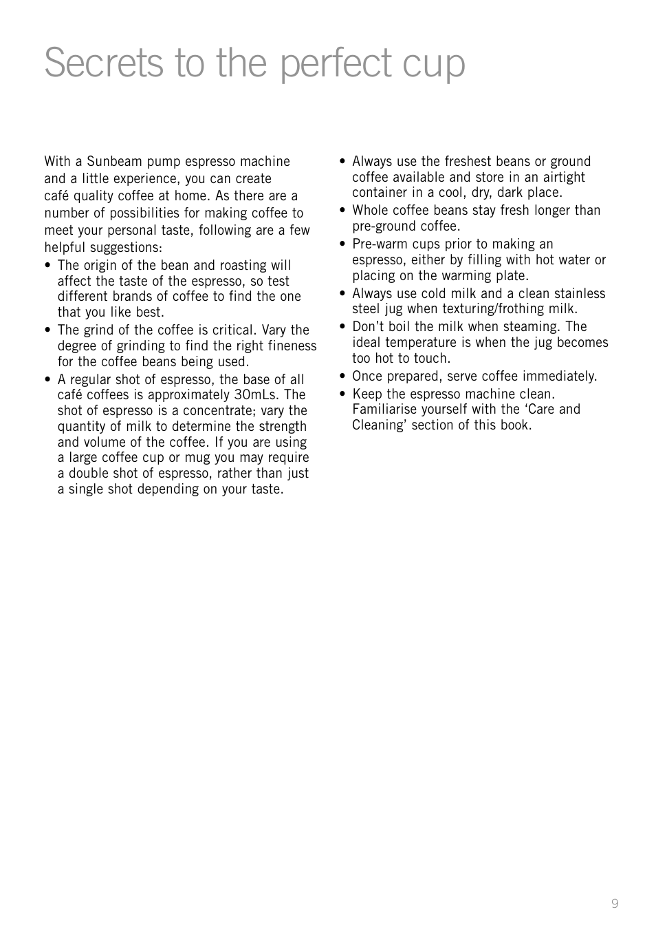 Secrets to the perfect cup | Sunbeam EM8800 User Manual | Page 11 / 46