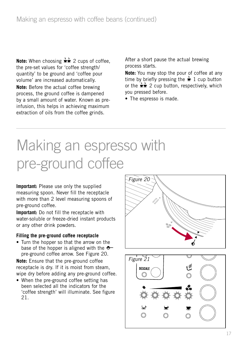 Making an espresso with pre-ground coffee, Making an espresso with coffee beans (continued) | Sunbeam EM8800 User Manual | Page 19 / 46