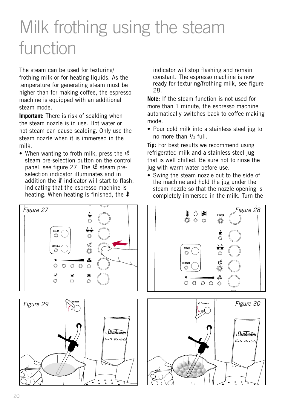 Milk frothing using the steam function | Sunbeam EM8800 User Manual | Page 22 / 46