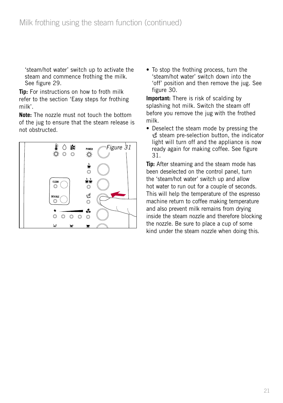 Milk frothing using the steam function (continued) | Sunbeam EM8800 User Manual | Page 23 / 46