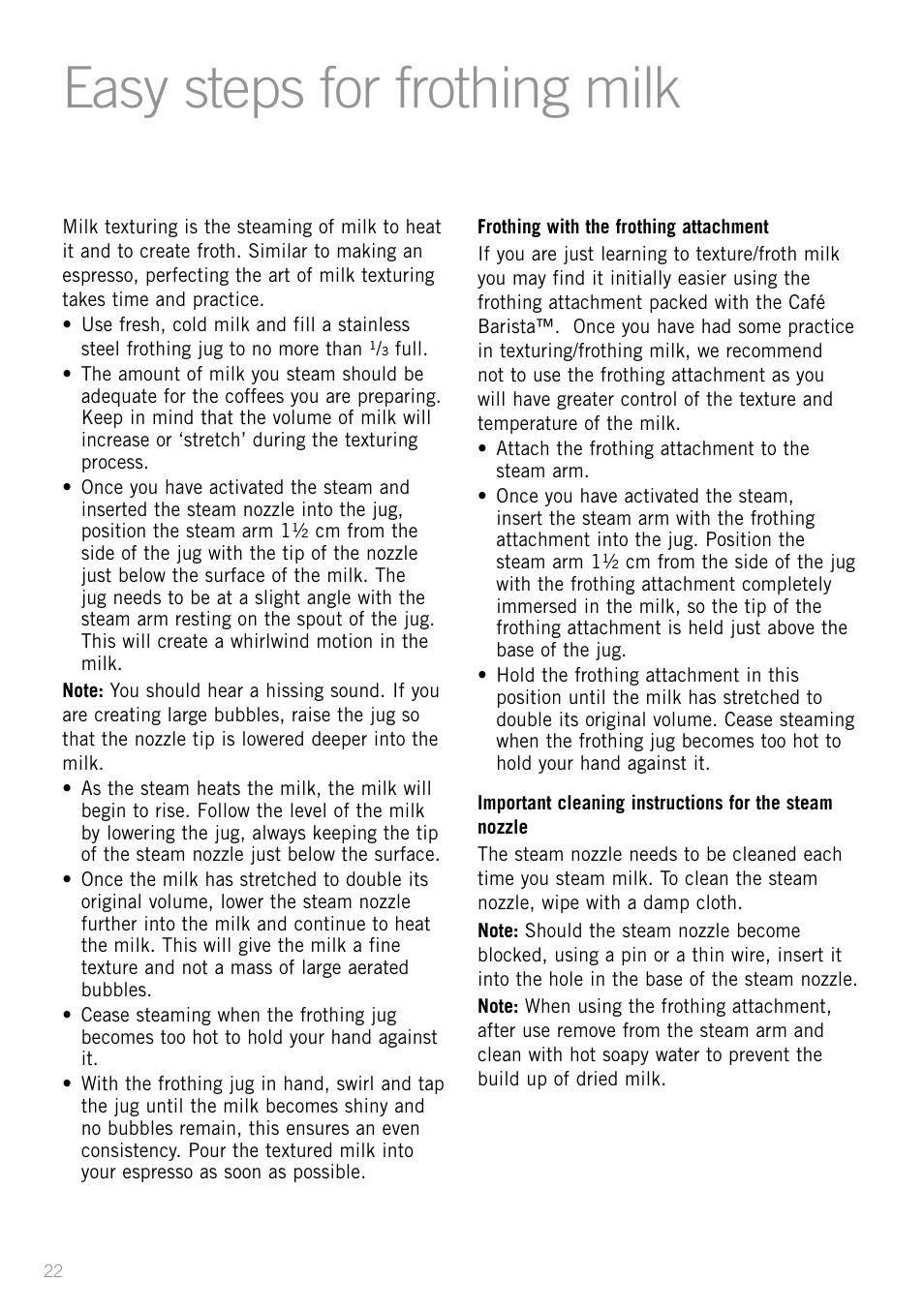 Easy steps for frothing milk | Sunbeam EM8800 User Manual | Page 24 / 46