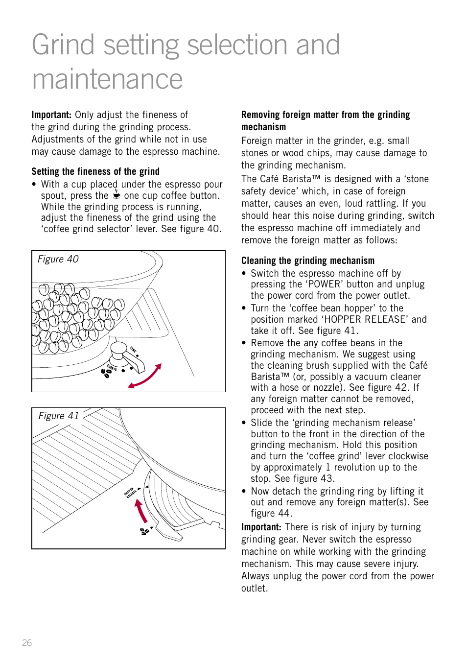 Grind setting selection and maintenance | Sunbeam EM8800 User Manual | Page 28 / 46