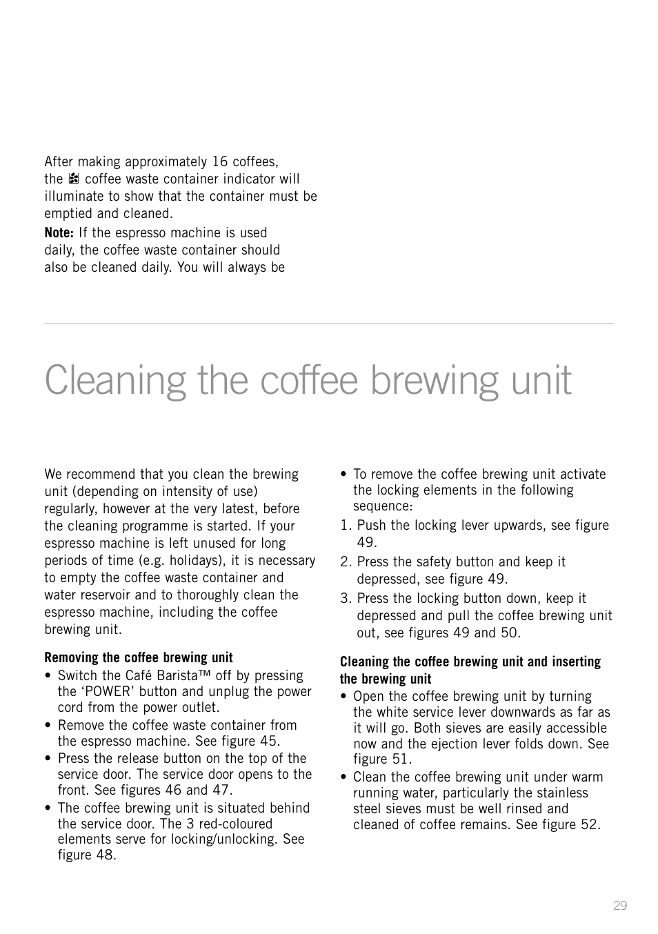 Cleaning the coffee brewing unit | Sunbeam EM8800 User Manual | Page 31 / 46