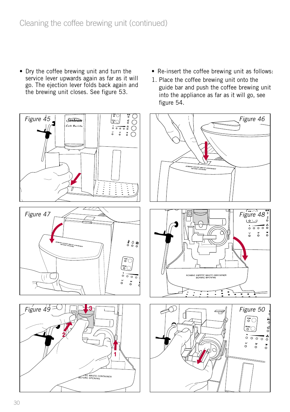 Cleaning the coffee brewing unit (continued) | Sunbeam EM8800 User Manual | Page 32 / 46