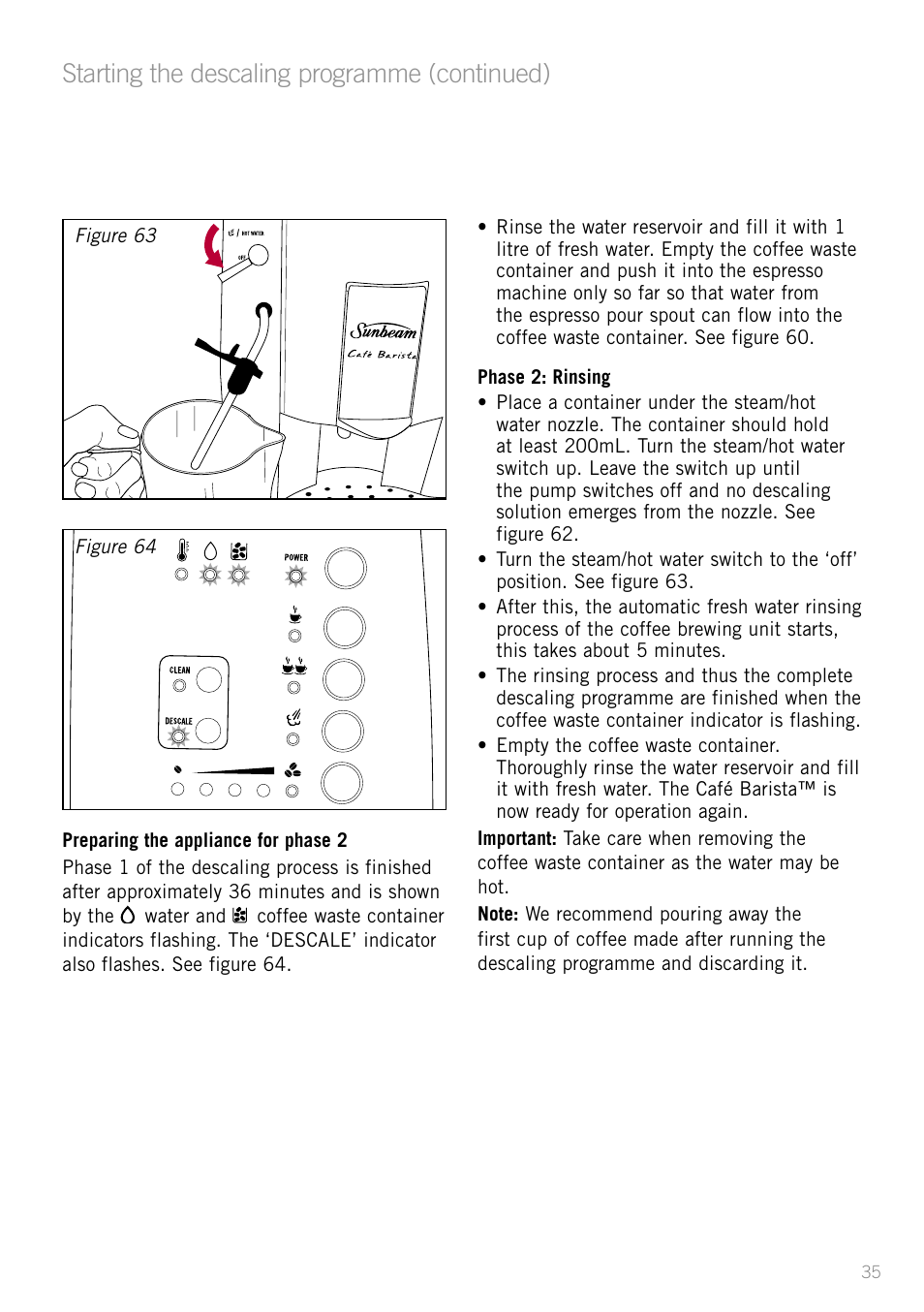 Starting the descaling programme (continued) | Sunbeam EM8800 User Manual | Page 37 / 46