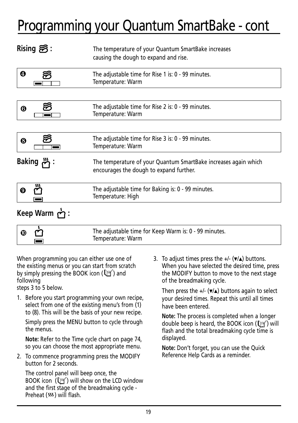Programming your quantum smartbake - cont, Rising, Baking | Keep warm | Sunbeam BM7800 User Manual | Page 19 / 80