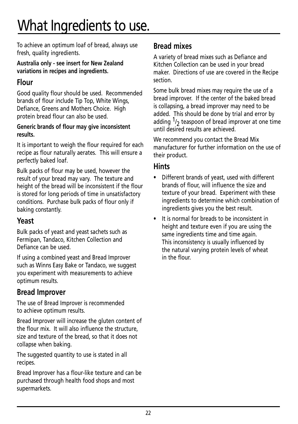 What ingredients to use, Flour, Yeast | Bread improver, Bread mixes, Hints | Sunbeam BM7800 User Manual | Page 22 / 80