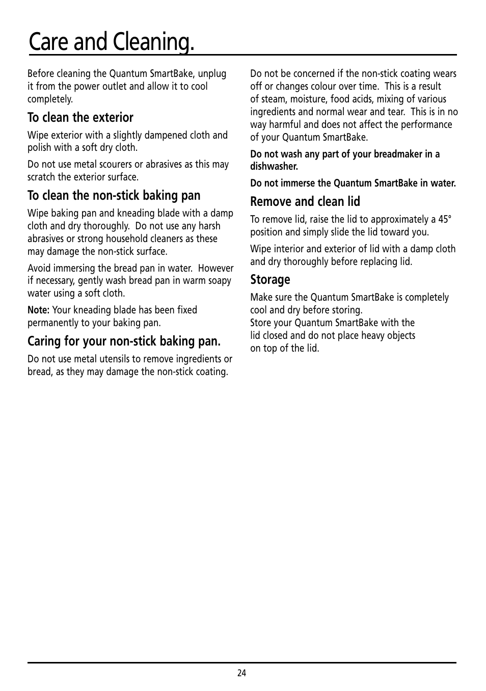 Care and cleaning, Caring for your non-stick baking pan, Remove and clean lid | Storage | Sunbeam BM7800 User Manual | Page 24 / 80