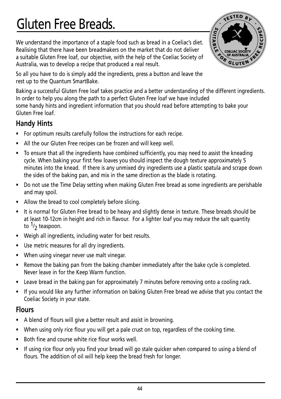 Gluten free breads, Handy hints, Flours | Sunbeam BM7800 User Manual | Page 44 / 80