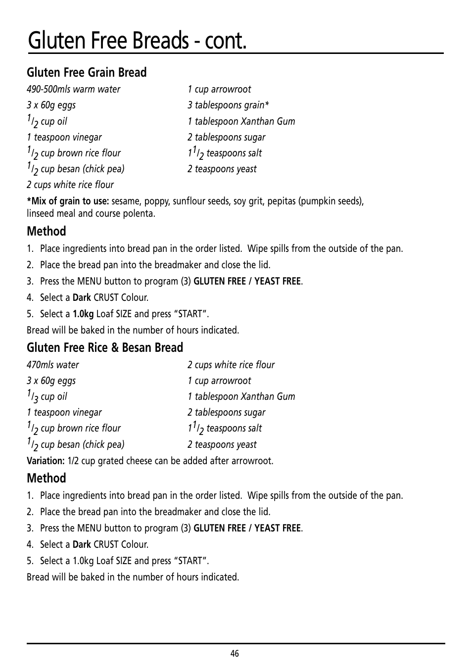 Gluten free breads - cont, Gluten free grain bread, Method | Gluten free rice & besan bread | Sunbeam BM7800 User Manual | Page 46 / 80