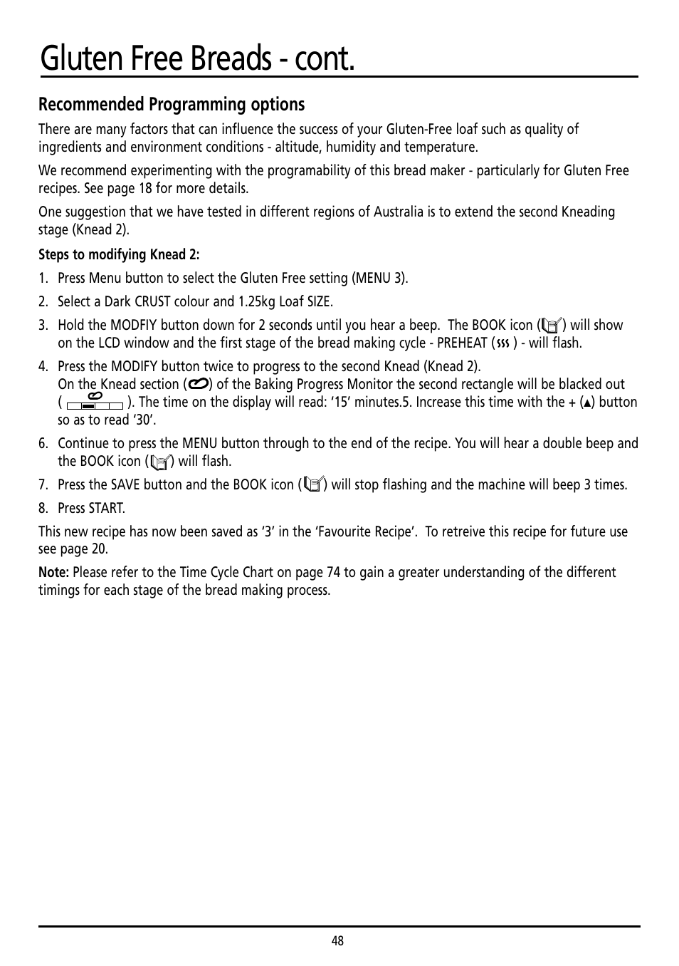 Gluten free breads - cont, Recommended programming options | Sunbeam BM7800 User Manual | Page 48 / 80