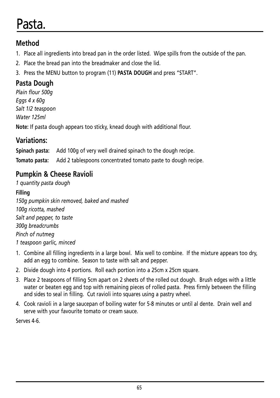 Pasta | Sunbeam BM7800 User Manual | Page 65 / 80