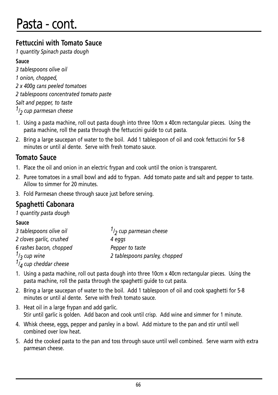 Pasta - cont, Fettuccini with tomato sauce, Tomato sauce | Spaghetti cabonara | Sunbeam BM7800 User Manual | Page 66 / 80
